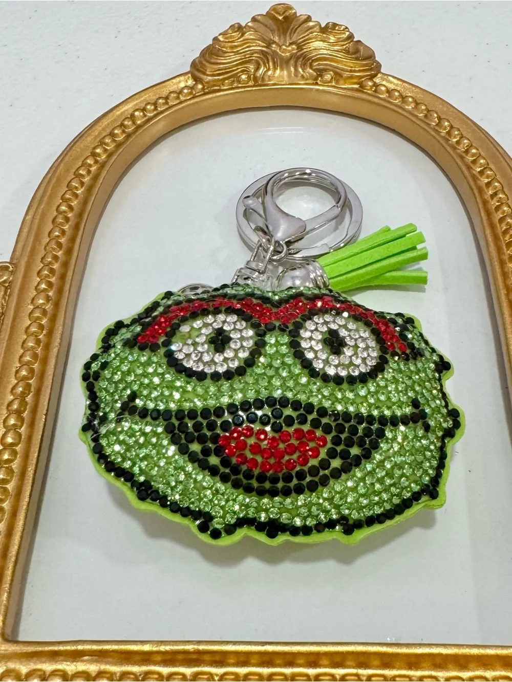 New Oscar the Grouch Green Crystal Smiley Face Keychain with Tassel